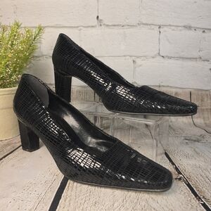 PROXY CROC EMBOSSED BLACK PUMP BLOCK HEEL SQUARE TOE WOMENS 10